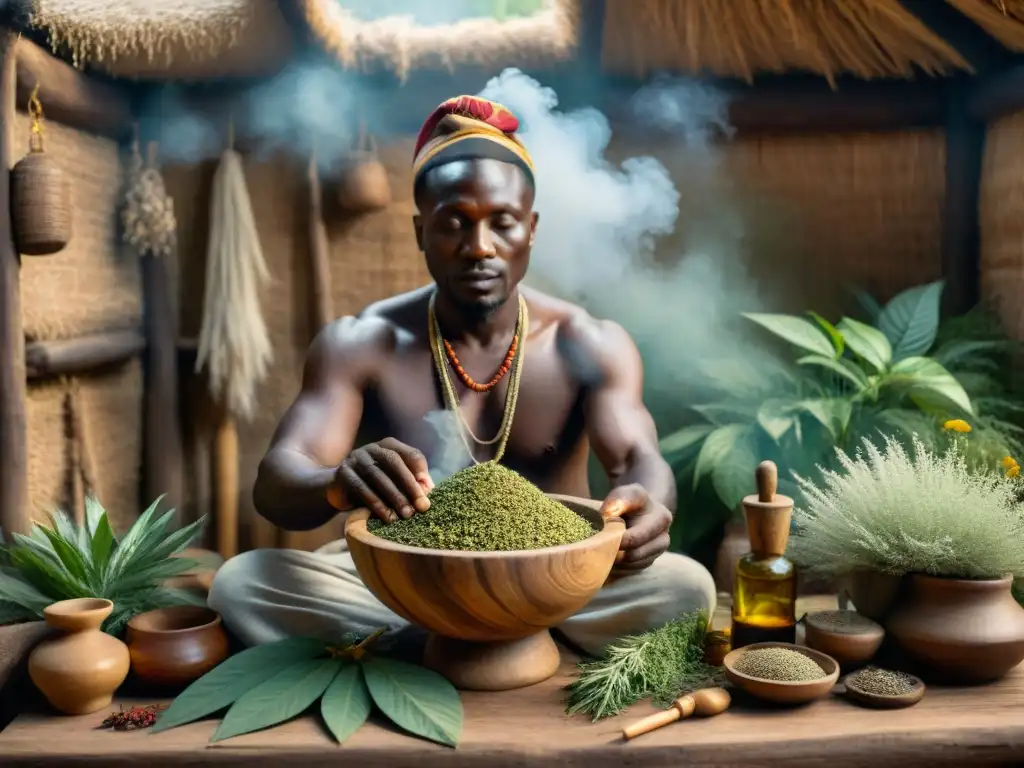 Un sanador tradicional africano preparando una poción con plantas medicinales en rituales africanos