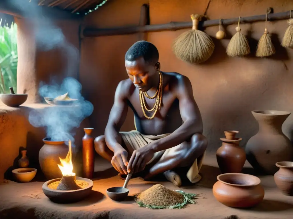 Un sanador tradicional africano prepara una poción con raíces de Yohimbe en una choza iluminada por una vela, mostrando los beneficios del afrodisíaco