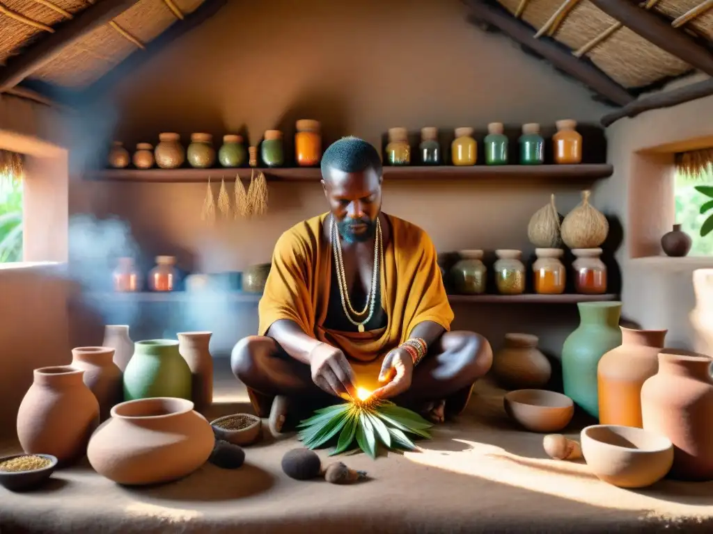 Un sanador tradicional africano prepara una poción medicinal potente con hierbas e ingredientes indígenas, destacando la riqueza cultural y la fusión de sabiduría ancestral con la medicina moderna