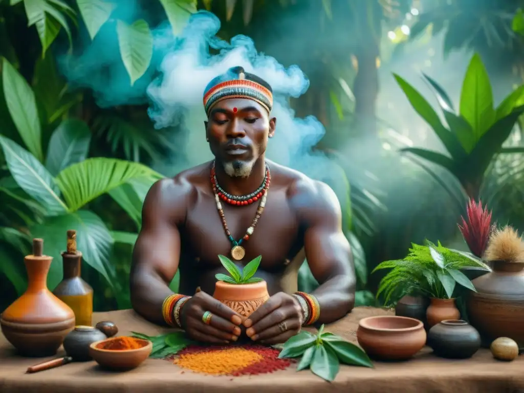 Un sanador tradicional africano rodeado de plantas sagradas para la medicina tradicional africana, creando una poción en la exuberante selva