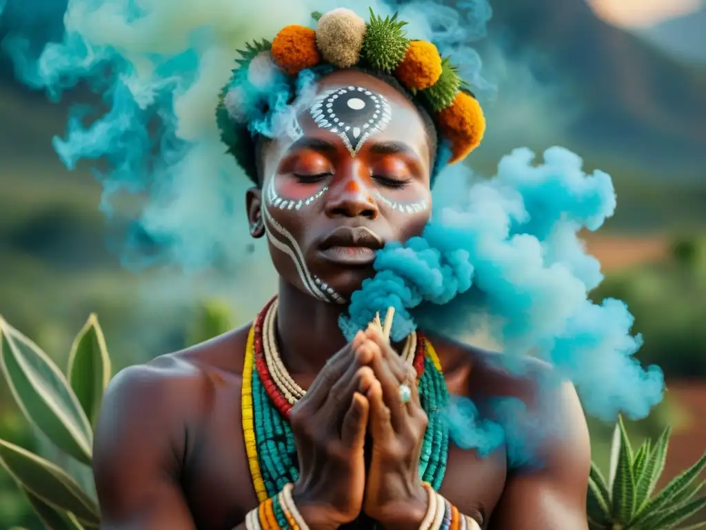 Un sanador tradicional africano rodeado de plantas sagradas en ritual místico