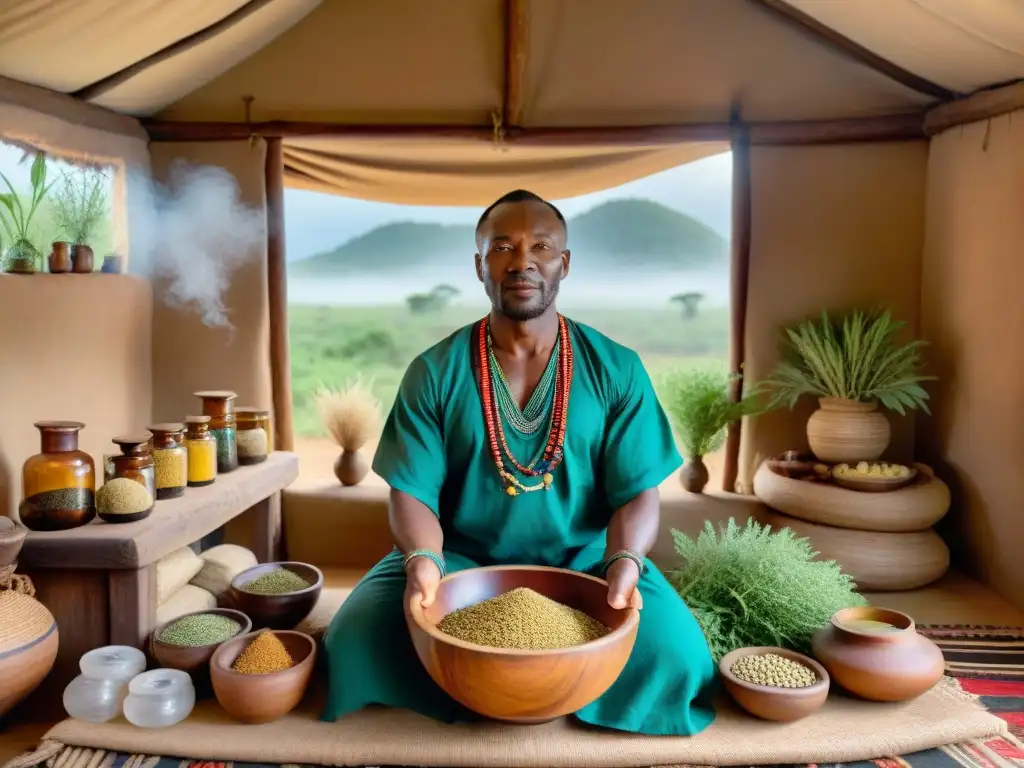 Un sanador tradicional africano, rodeado de hierbas y remedios naturales, ofrece una poción herbal humeante a un paciente con esperanza