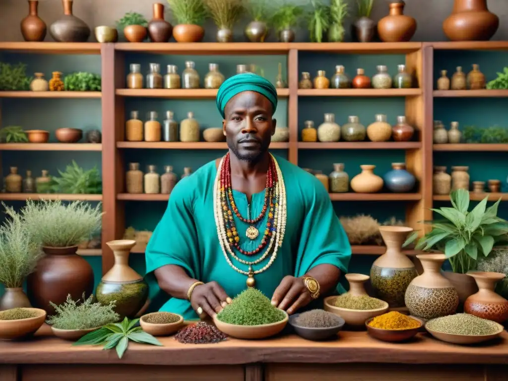 Un sanador tradicional africano rodeado de hierbas y plantas coloridas, preparando una poción con herramientas antiguas