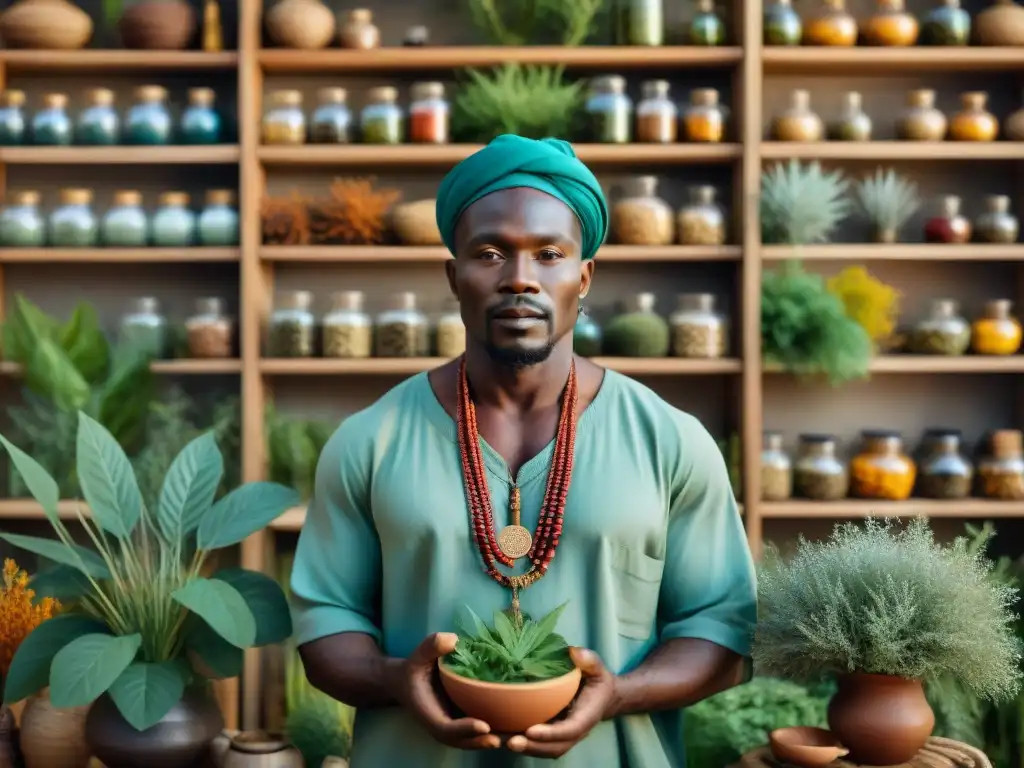 Un sanador tradicional africano, rodeado de hierbas medicinales, preparando remedios naturales con sabiduría