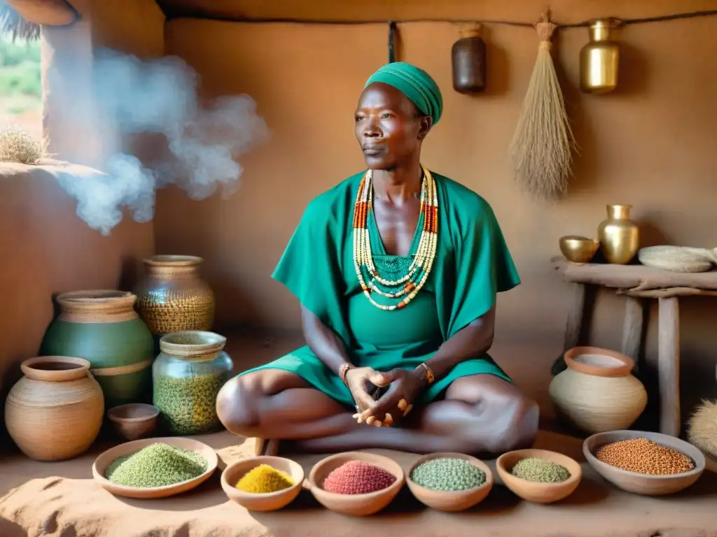 Un sanador tradicional en una aldea sudafricana, rodeado de hierbas medicinales, practicando medicina ancestral en civilizaciones africanas