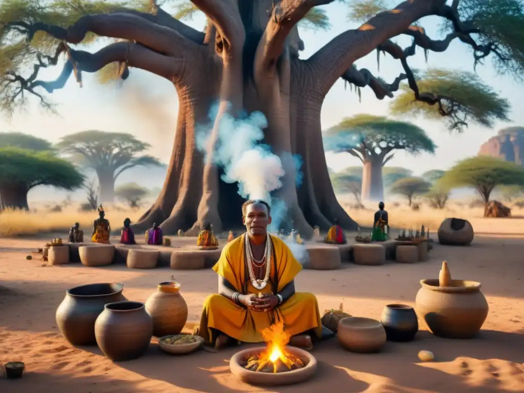 Un sanador tradicional en África, bajo un baobab ancestral, en un ritual de medicina ancestral en civilizaciones africanas