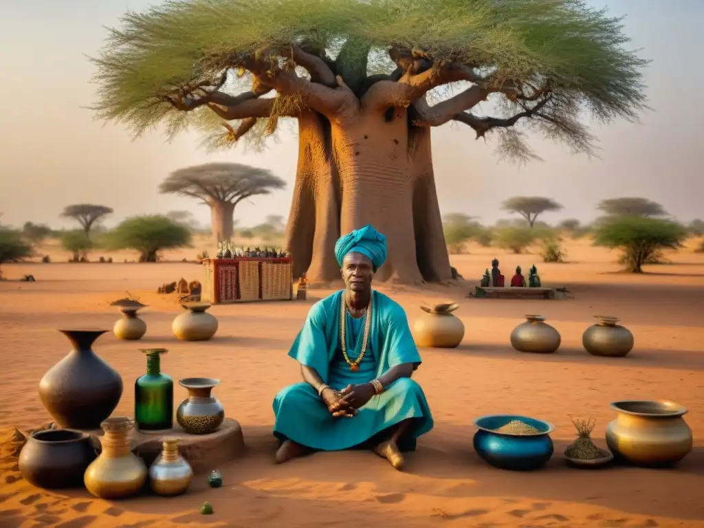 Un sanador tradicional en el Sahel bajo un Baobab, practicando Medicina tradicional en el Sahel