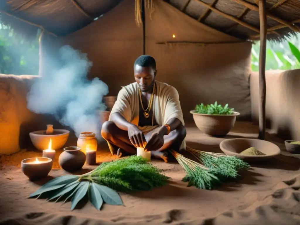 Un sanador tradicional en África Central prepara plantas medicinales en una cabaña rústica iluminada por una vela