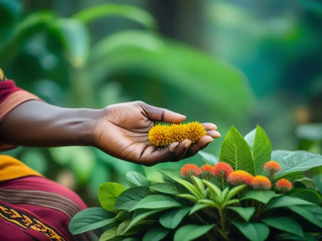 Un sanador tradicional de África Central selecciona plantas medicinales en la selva exuberante