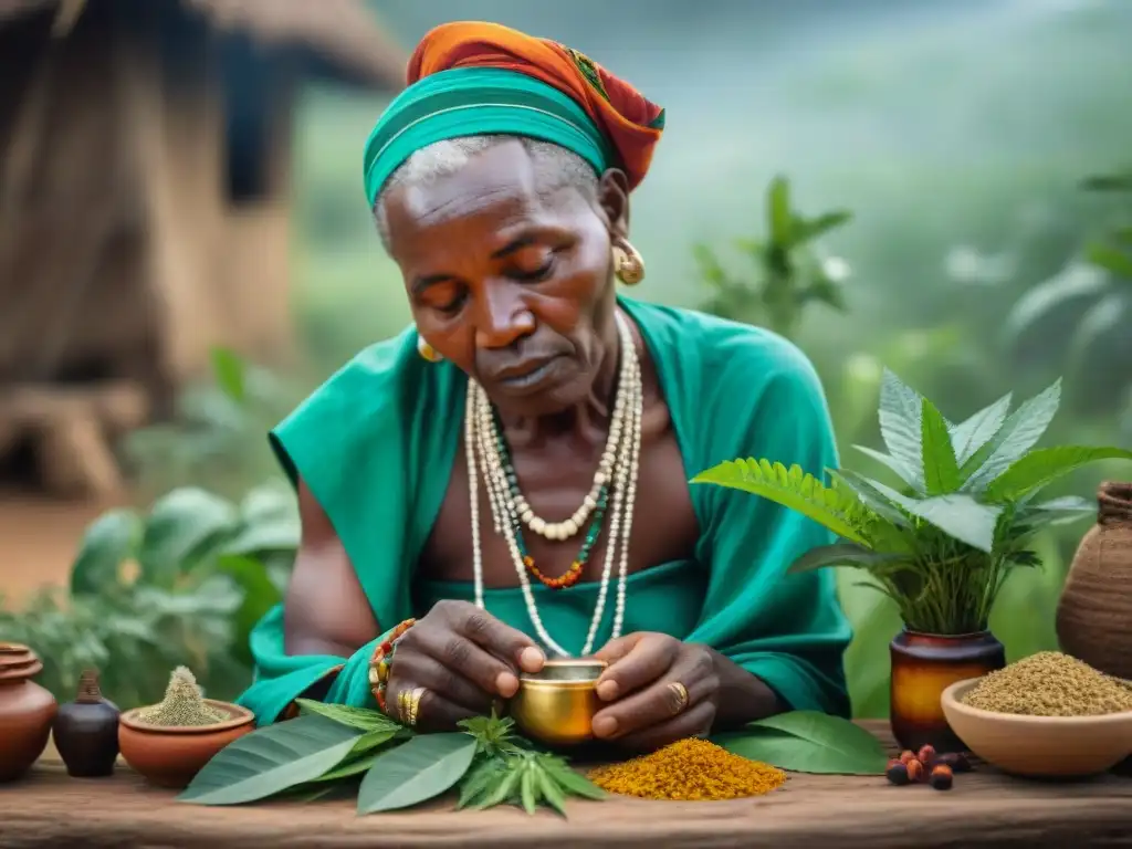 Un sanador tradicional en África Central entre plantas medicinales