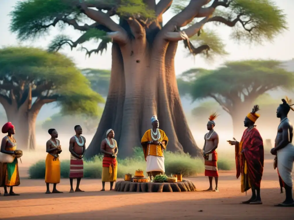 Un sanador tradicional en África realiza una ceremonia de salud mental bajo un baobab, rodeado de la comunidad en atuendos vibrantes