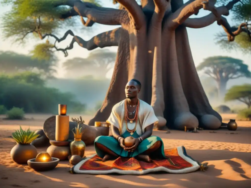 Un sanador tradicional africano invoca espíritus curativos bajo un baobab, rodeado de coloridas telas y hierbas