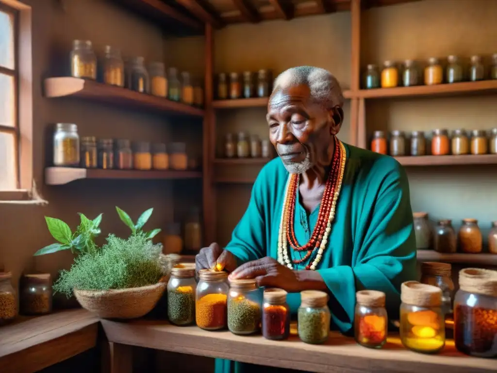 Sanador tradicional africano en su espacio, preparando una medicina