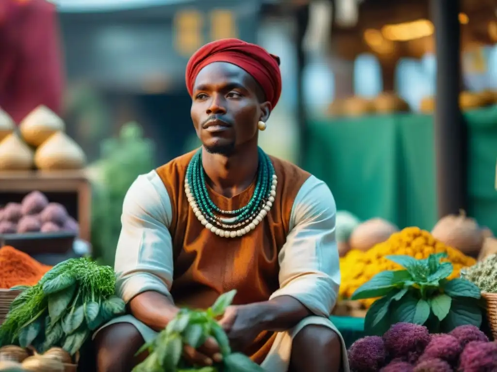 Un sanador tradicional africano selecciona hierbas en un mercado vibrante