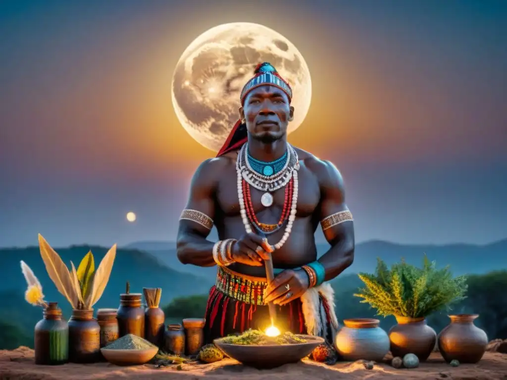 Un sanador tradicional africano bajo la luz de la luna, rodeado de hierbas y herramientas