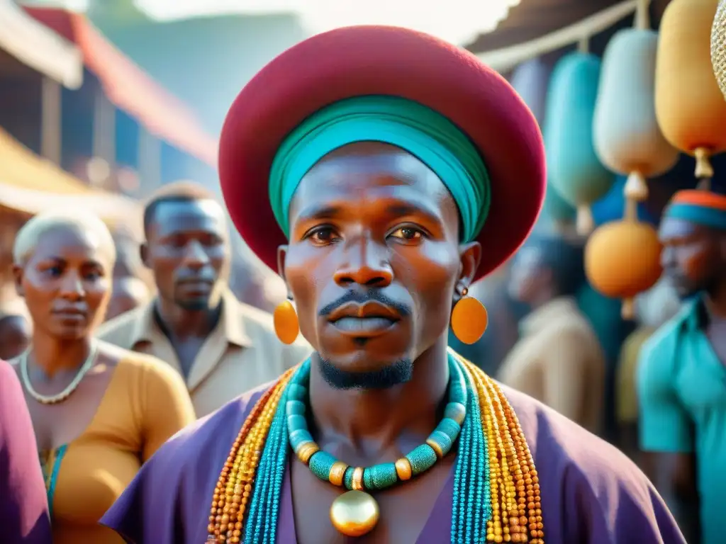 Un sanador tradicional en un mercado africano, mostrando la importancia de espejos en culturas africanas