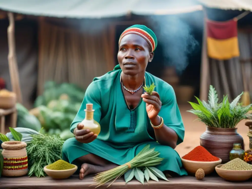 Un sanador tradicional en un mercado africano vibrante, rodeado de plantas medicinales coloridas