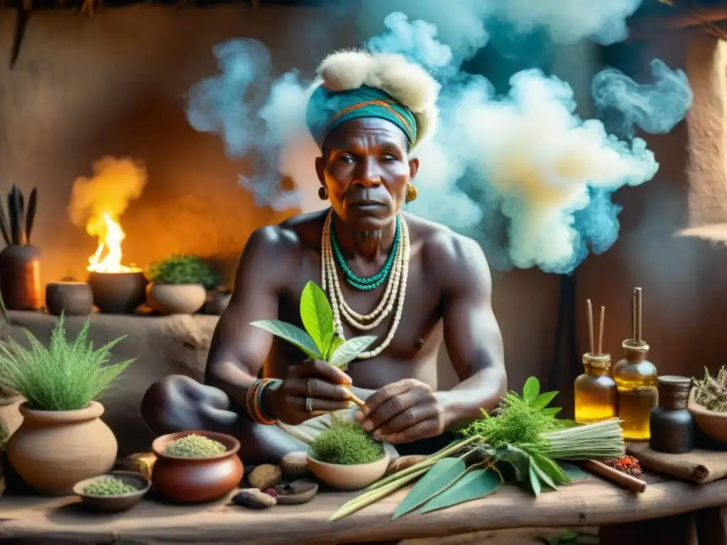 Un sanador tradicional en África preparando una planta psicoactiva en un entorno místico