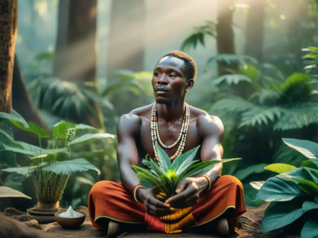 Un sanador tradicional africano selecciona plantas medicinales en la exuberante selva, transmitiendo sabiduría ancestral