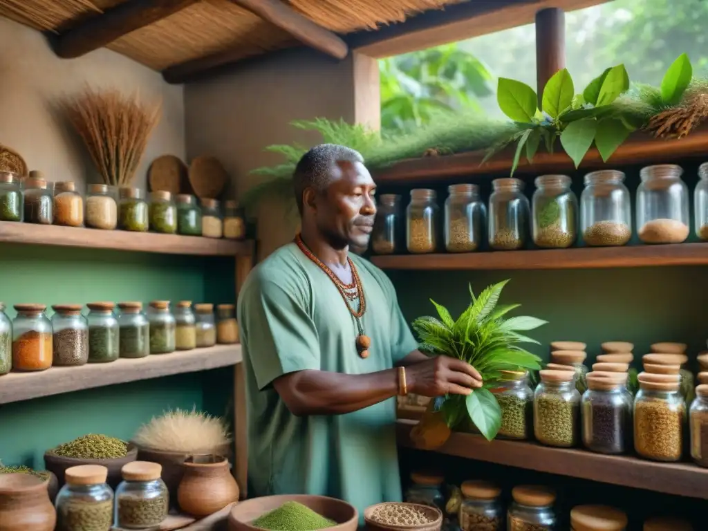 Un sanador tradicional en África selecciona y prepara plantas medicinales africanas para tratar enfermedades, rodeado de hierbas y raíces secas