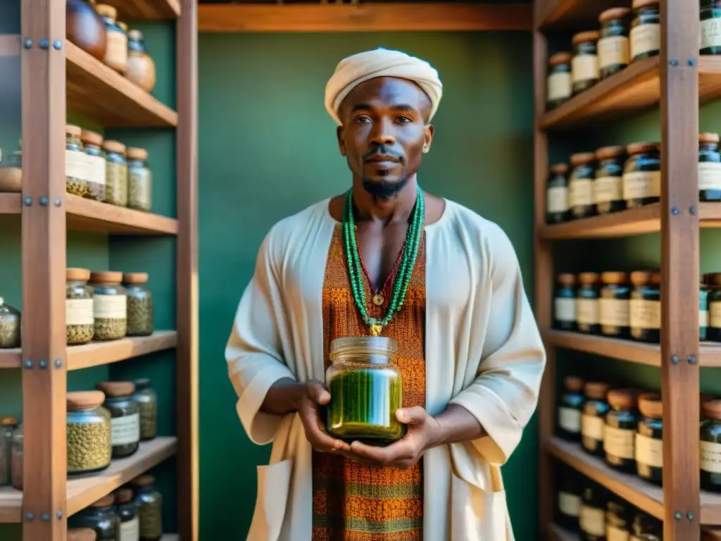 Un sanador tradicional en África selecciona plantas medicinales en un jardín botánico exuberante, rodeado de libros antiguos y hierbas secas