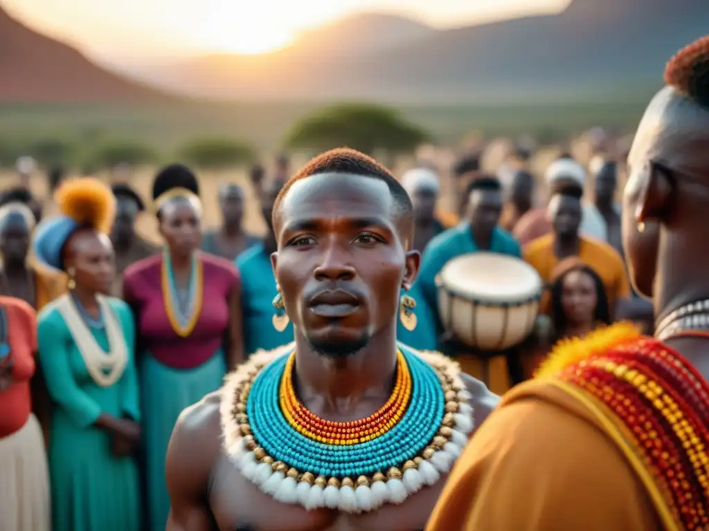 Un sanador tradicional en África realiza prácticas curativas a través del sonido, rodeado de personas en ceremonia ritual al atardecer