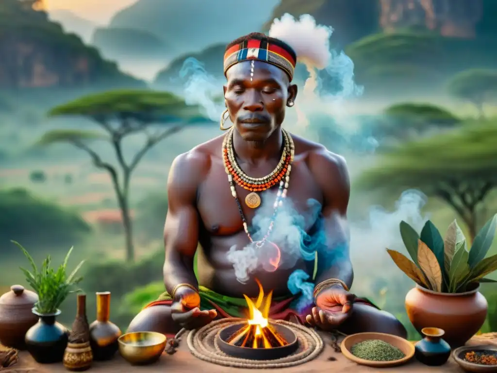 Un sanador tradicional en África realizando un ritual de curación, invocando espíritus ancestrales