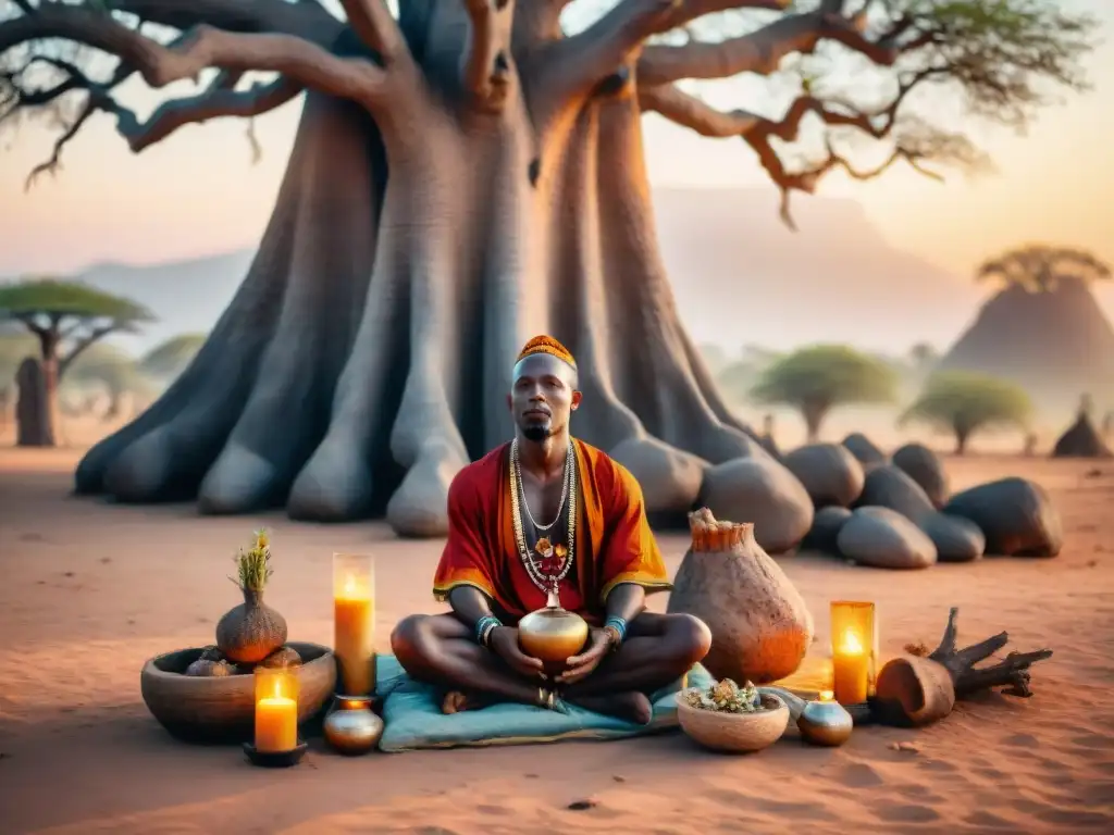 Un sanador tradicional africano realiza un ritual bajo un baobab al atardecer