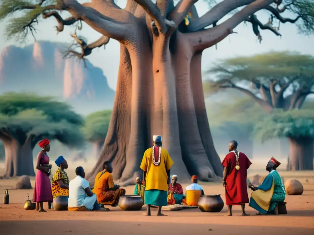 Un sanador tradicional africano realiza un ritual bajo un baobab, tratando a una comunidad diversa