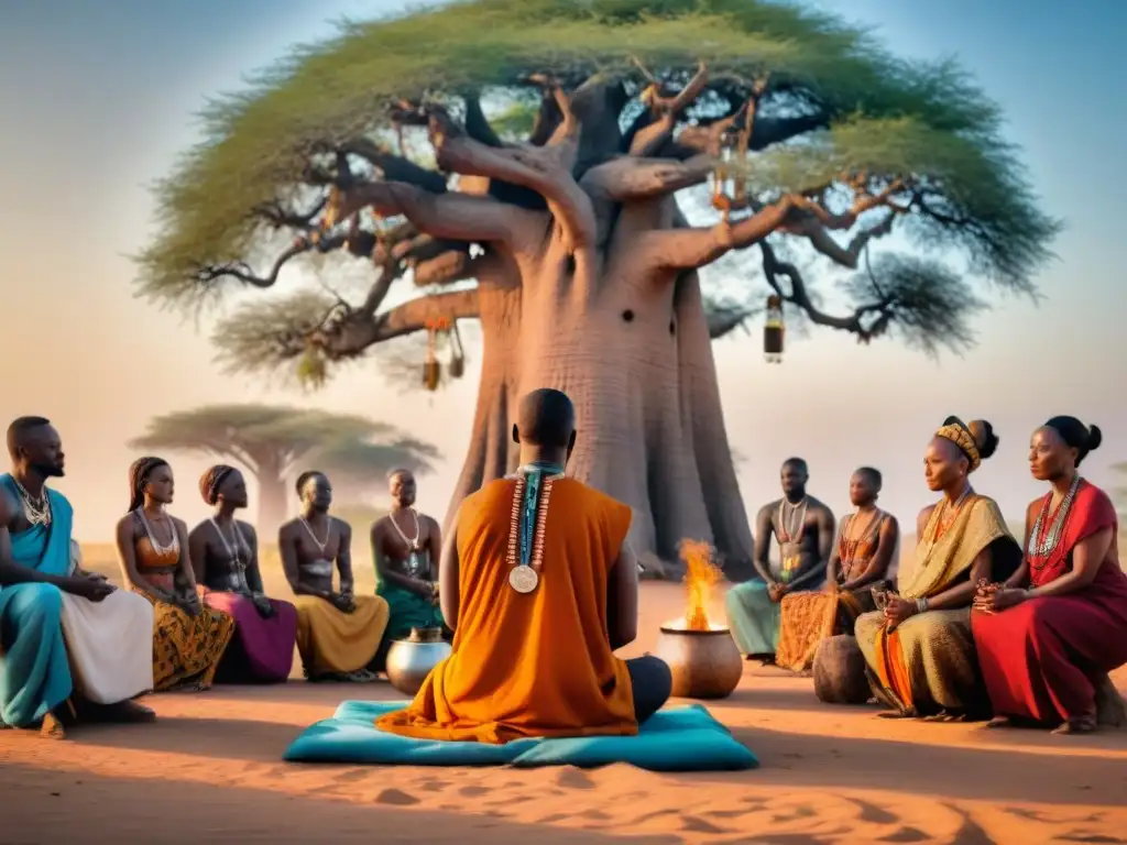 Un sanador tradicional africano realiza un ritual bajo un baobab con símbolos de curación en África