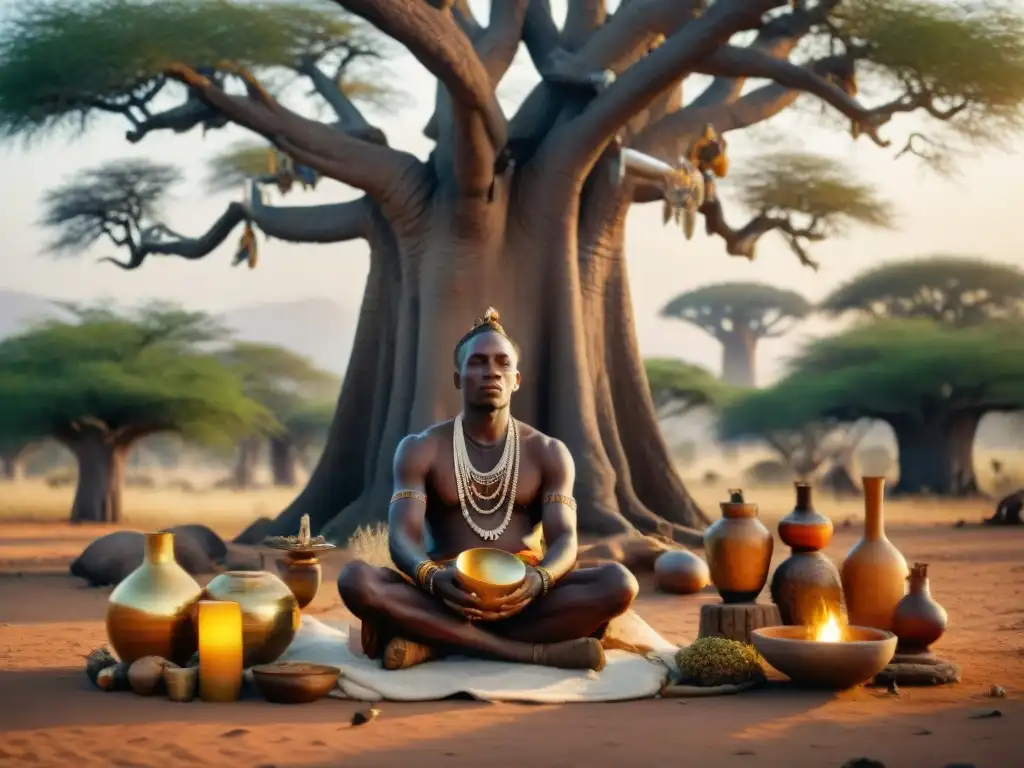 Un sanador tradicional africano realiza un ritual sagrado bajo un baobab al atardecer, rodeado de hierbas y herramientas rituales