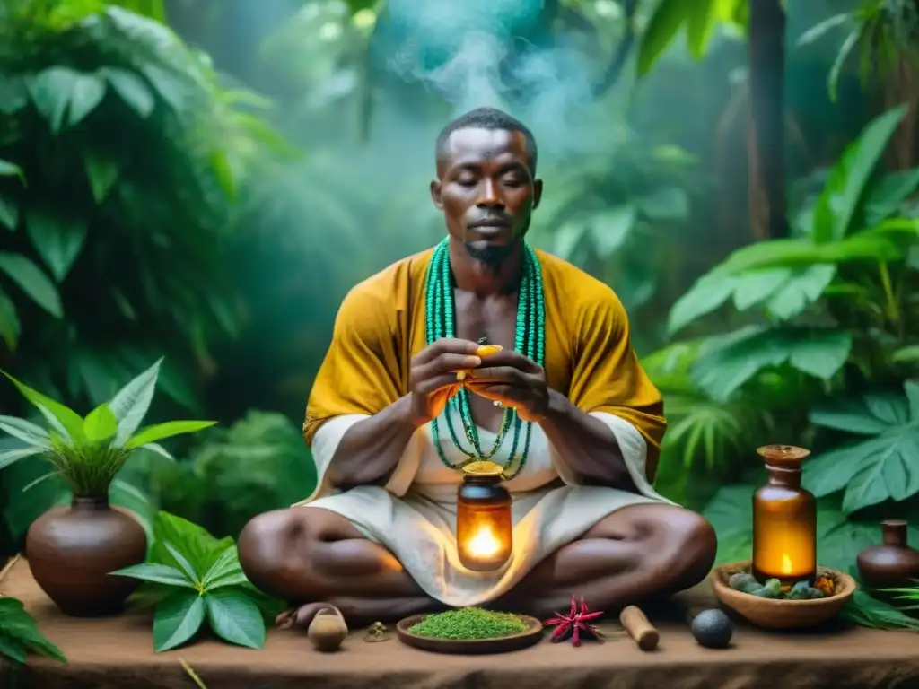 Un sanador tradicional en la selva africana preparando un remedio herbal rodeado de exuberante vegetación