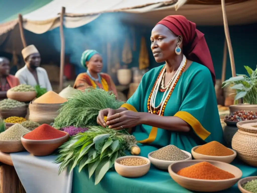 Sanadora africana seleccionando hierbas en mercado vibrante, conectando con comunidad