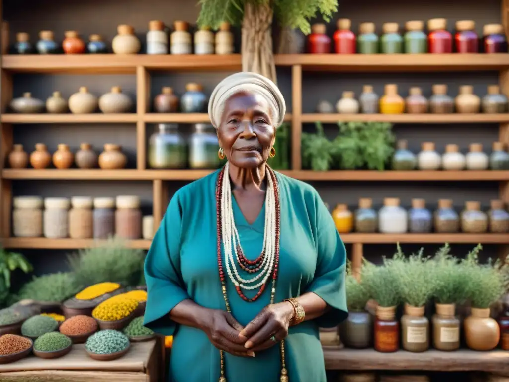 Una sanadora tradicional africana rodeada de hierbas y raíces en un mercado vibrante