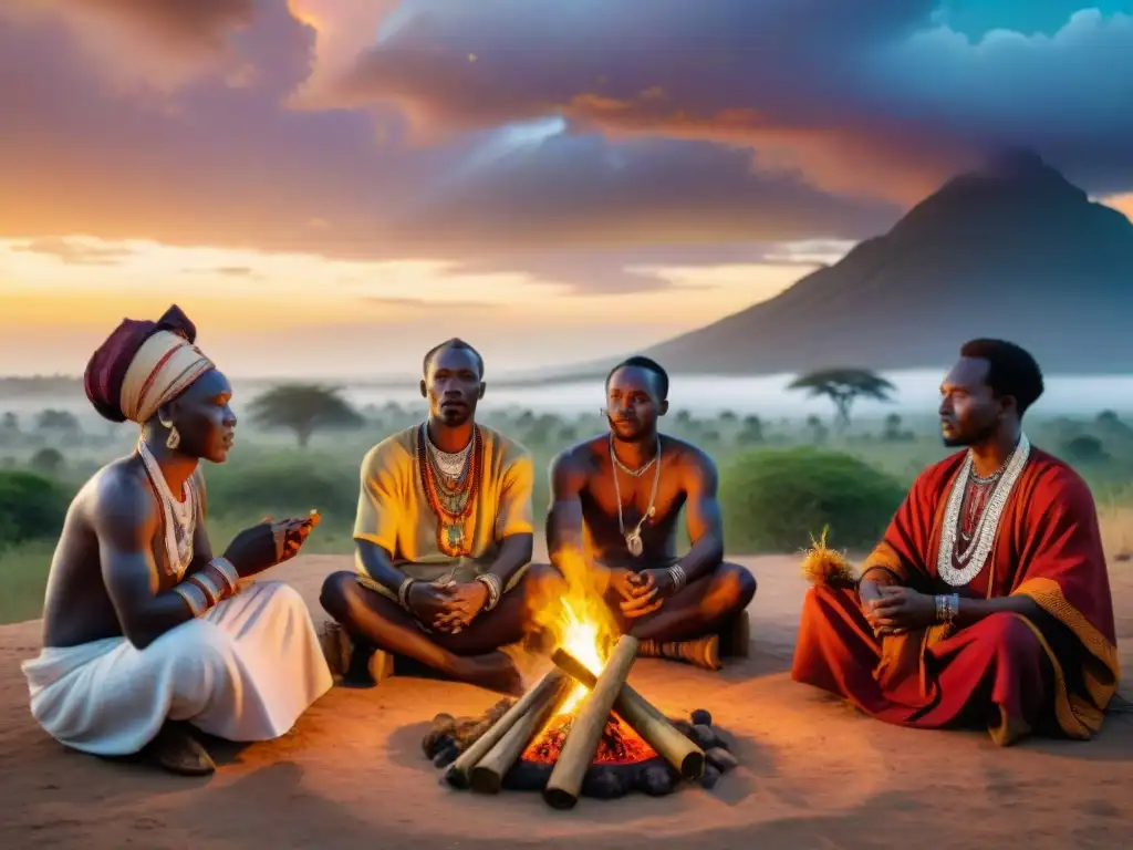 Sanadores africanos realizando ceremonia alrededor de fogata al atardecer, en un escenario místico y ancestral de África