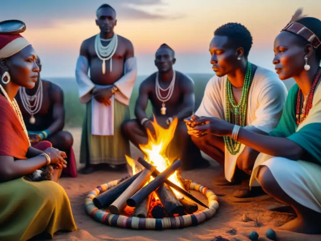 Sanadores africanos practican medicina tradicional alrededor de una fogata al anochecer, resurgimiento espiritual