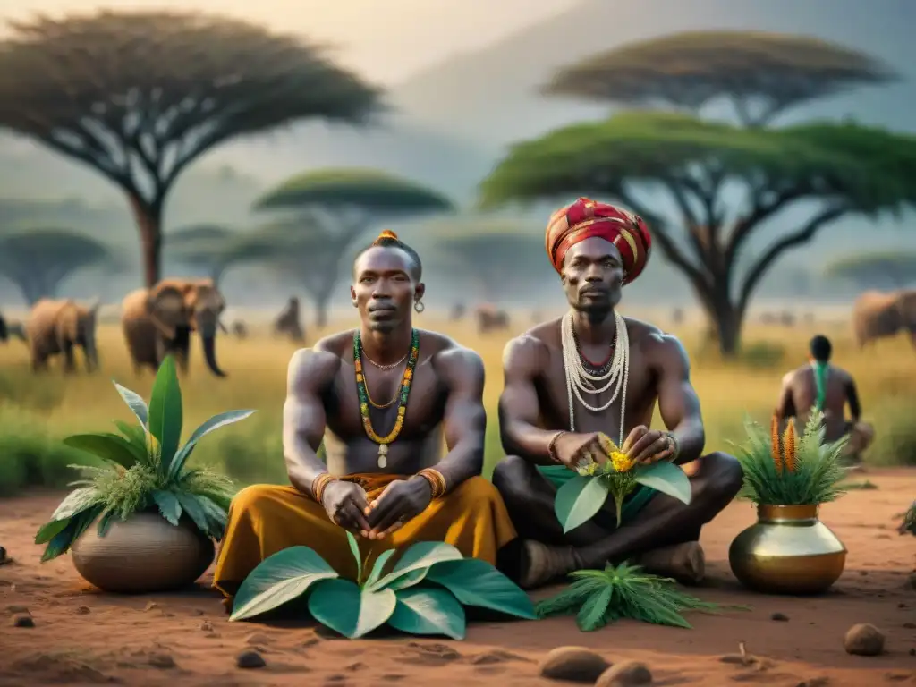 Sanadores africanos recolectan plantas medicinales al atardecer, reflejando sabiduría ancestral y conexión con la naturaleza