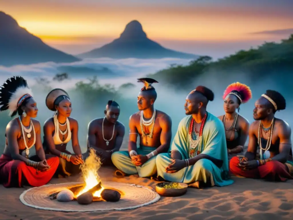 Sanadores tradicionales africanos realizando ceremonia curativa alrededor de una hoguera bajo el cielo nocturno