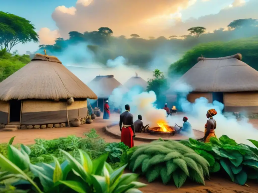 Sanadores tradicionales africanos en una ceremonia de curación rodeados de hierbas y humo de incienso, mostrando la influencia de la ciencia ancestral