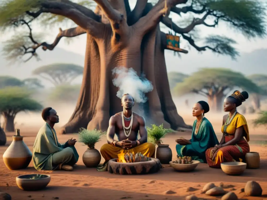 Sanadores tradicionales africanos bajo baobab en ritual ancestral: influencia ciencia