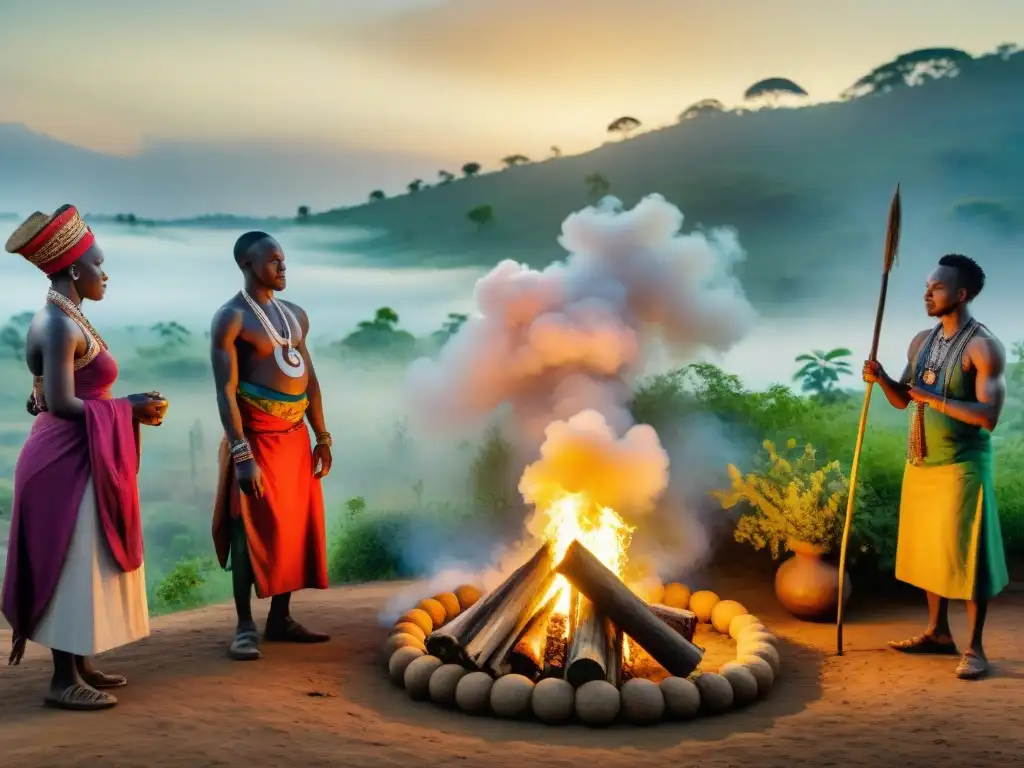 Sanadores tradicionales africanos practican rituales curativos alrededor de una fogata en la aldea, influencia ciencia