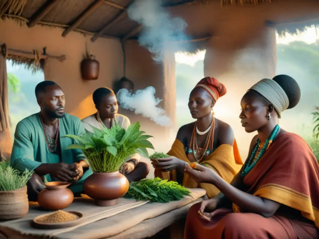 Sanadores tradicionales en una aldea africana, realizando un ritual de medicina ancestral en civilizaciones africanas