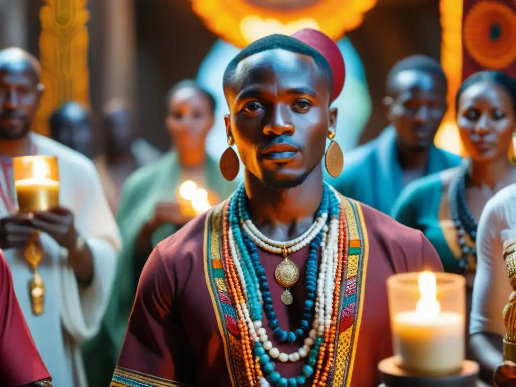 Un santuario africano detallado con colores vibrantes, esculturas de deidades y velas brillantes, donde fieles celebran en danza