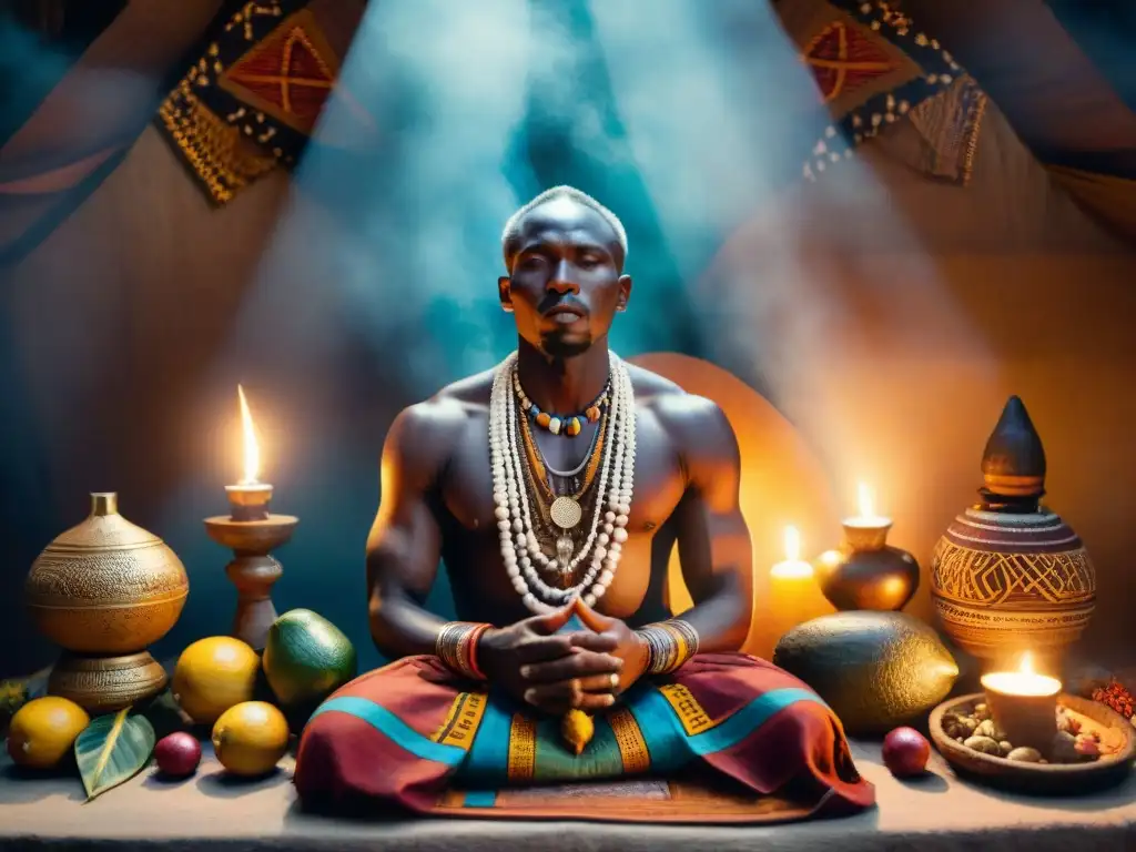 Un santuario africano lleno de coloridas ofrendas y rituales, donde la comunidad se conecta espiritualmente