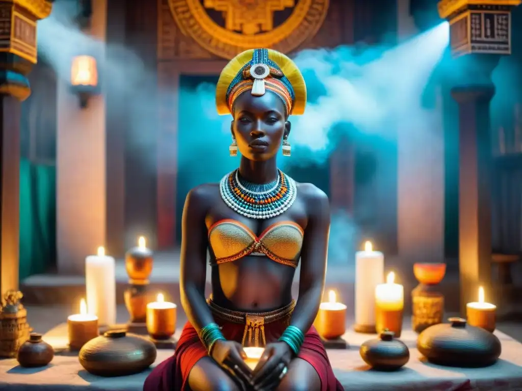 Altar ancestral vibrante y detallado en África Central Un santuario ancestral en África Central, con decoraciones detalladas y luz de velas