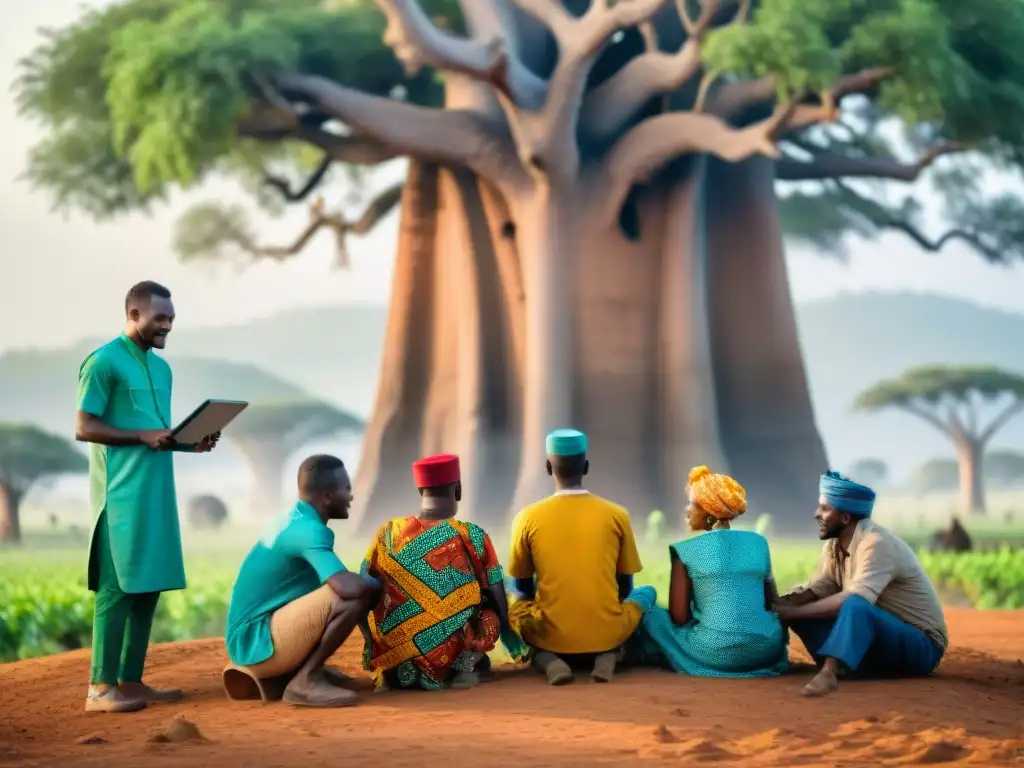 Transformación del sector agrícola en África: Agricultores africanos bajo un baobab, discuten tecnología blockchain y datos agrícolas en una tableta