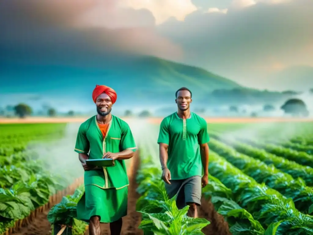 Transformación del sector agrícola en África: Agricultores africanos con tecnología blockchain en campo verde bajo el sol africano