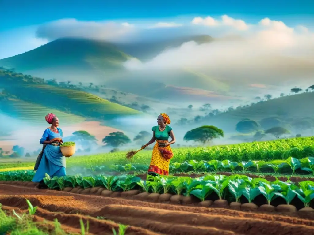 Transformación del sector agrícola en África: Comunidad de agricultores cosechando en armonía bajo el sol africano, sembrando y compartiendo alegría