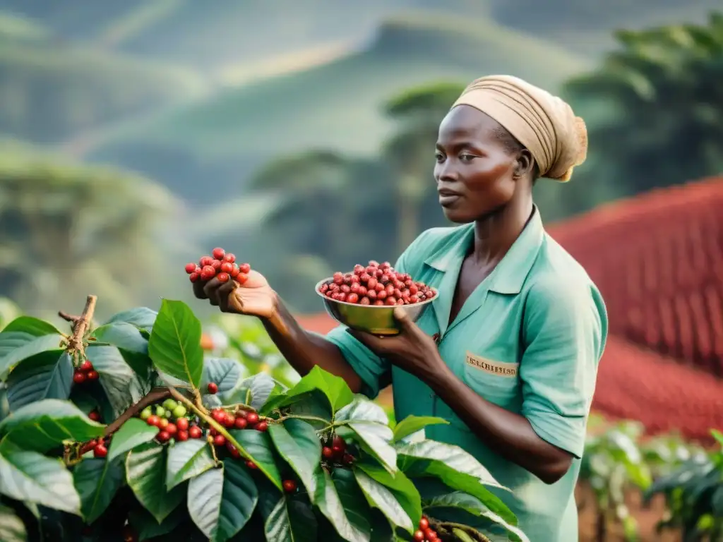 Inversión sector cafetero África: Agricultores africanos cosechando café bajo el sol dorado, reflejando su expertise y dedicación