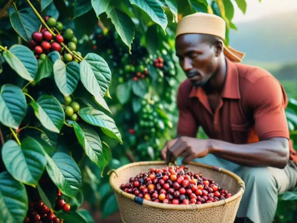 Inversión sector cafetero África: Caficultores africanos recolectando cerezas de café bajo el sol dorado de la mañana